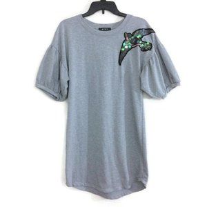 Kiki Women's Shirt Dress Gray Bird Sequin Appliqué Short Balloon Sleeves Medium